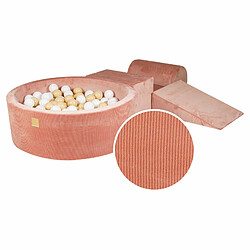 MeowBaby® Ensemble de jeu en mousse avec piscine à balles 90x30 cm/200 balles de 7 cm, Ensemble de jeu pour enfant, 4 éléments, Velours côtelé, Abricot, Balles : blanches, beige