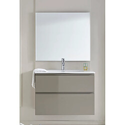 Pegane Meuble de salle de bain avec 2 tiroirs suspendus taupe brillant avec plan moulé + miroir - Longueur 100 x Hauteur 56 x Profondeur 46 cm