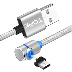 Wewoo Câble de charge magnétique coudé à 90 degrés USB à Micro USB 2,4 A Max avec indicateur à LED argent