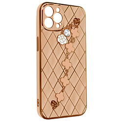 Avizar Coque Géométrique iPhone 12 Pro avec Chaine Trèfle à quatre feuilles Rose