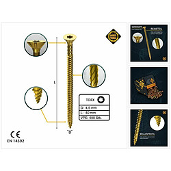 Forte-Forte FORTE Tools Vis à bois universelle 4,5 x 40 mm T20, Galvanisée jaune, Tête fraisée Torx, Filetage total, 400 pcs. (4x 000051399478)