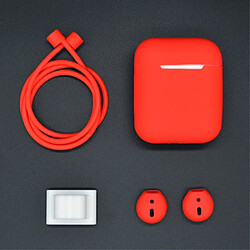 Coque en silicone accessoires 4 en 1 résistants aux chocs avec sangle de cou, support pour écouteurs et écouteurs. rouge pour votre Apple AirPods