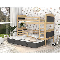 Kids Literie Lit Superposé 3 Places Mateo 90x190 Pin - gris Livré avec sommiers, tiroir et matelas en mousse de 7cm