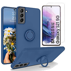 Coque Silicone Pour Samsung S21 5G Couleur Bleu Navy Avec Anneau Support + Verre Trempe Protection Ecran Little Boutik®