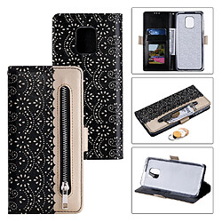 Etui en PU fermeture éclair de peau de fleur de dentelle noir pour votre Xiaomi Redmi Note 9S/Note 9 Pro/Note 9 Pro Max