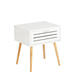 WENKO Table de chevet Finja avec 1 tiroir en Bambou et MDF - Blanc et bois