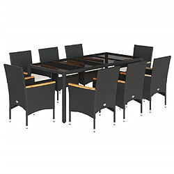 vidaXL Ensemble à manger de jardin et coussins 9 pcs noir rotin verre