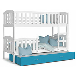 Kids Literie Lit Superposé 3 Places Teo 90x190 Blanc - bleu Livré avec sommiers, tiroir et matelas en mousse de 7cm pas cher