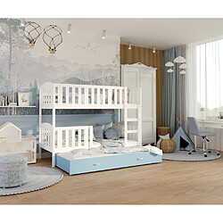 Kids Literie Lit Superposé 3 Places Teo 90x190 Blanc - bleu Livré avec sommiers, tiroir et matelas en mousse de 7cm