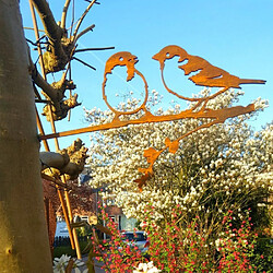 Metalbird Oiseaux sur pique couple de moineaux en acier corten Hauteur 14cm.