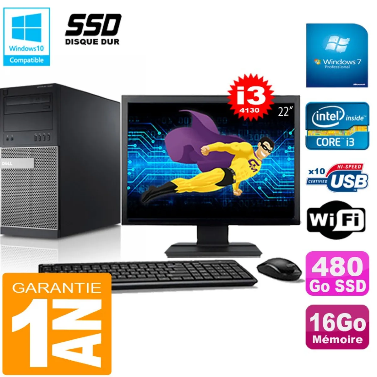 PC Tour DELL 9020 Core I3-4130 Ram 16Go Disque 480 Go SSD Wifi W7 Ecran 22" - Occasion