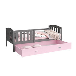 Kids Literie Lit Enfant Teo 90x190 Gris - rose Livré avec sommiers, tiroir et matelas en mousse de 7cm