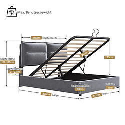 Acheter KOMHTOM Lit Hydraulique Double - 140 X 200 cm - Tête Réglable - Rangement - Velours - Gris