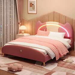 KOMHTOM Lit double pour enfants 140x200 cm, avec cadre en bois massif et fer tubulaire, bande lumineuse LED, beige + rose