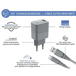 BIGBEN Chargeur maison 2.4A IC Smart Garanti à vie + Câble USB A/Lightning Gris - 100% Plastique recyclé Force Power