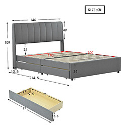 Acheter KOMHTOM Lit double 140 x 200 cm gris avec tiroirs, lit en lin avec dossier complet de chaque côté de la tête de lit pour adultes et adolescents