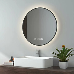 EMKE Miroir lumineux salle de bain rond diamètre 60cm Cadre Noir, Miroir LED avec Interrupteur Tactile, Anti-buée, Horloge et Temperature, Lumière Neutre 