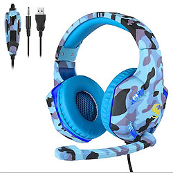 Universal Casque de jeu camouflage 3,5 mm avec microphone, casque LED pour PC portable PS4, (bleu)