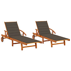 Helloshop26 Lot de 2 transats chaise longue bain de soleil lit de jardin terrasse meuble d'extérieur avec coussins bois d'acacia solide 02_0012054