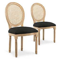 Lot de 2 chaises médaillon Louis XVI Cannage Rotin tissu Noir