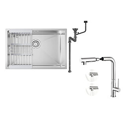 Auralum MAX Évier Cuisine 1 Bac 60*44*20CM,inox,à Encastrer/sous-plan avec Panier Drainage,Nano Silver+Mitigeur Cuisine avec Douchette Extractible Rotatif 360°