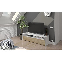 Pegane Meuble TV décor blanc et chêne - Dim : L 130 x P 42 x H 36 cm