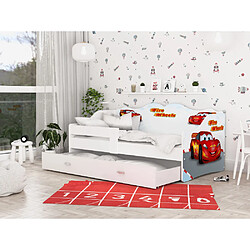 Kids Literie Lit Banquette Neli Cars 80x160 Blanc Livré avec sommiers, tiroir et matelas en mousse de 7cm