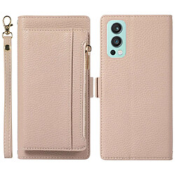 Etui en PU texture litchi, antichoc, magnétique avec support, pochette à fermeture éclair et sangle pour votre OnePlus Nord 2 5G - abricot