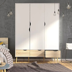 Cstore Armoire - Blanc / Chene - 3 portes / 3 tiroirs - Pietement évasé en bois massif - Chambre - 147,2 x 58,1 x 200,1 cm