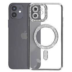 Avizar Coque Diamant pour iPhone 12 Protection MagSafe Contour Strass Argent