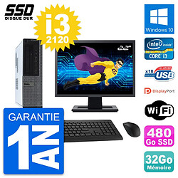 PC Dell 990 DT Ecran 22" Intel Core i3-2120 RAM 32Go SSD 480Go Windows 10 Wifi - Occasion