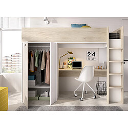 Acheter Pegane Lit enfant avec bureau et armoire coloris chêne naturel, imitation lamelles, blanc - Longueur 206 x Profondeur 111 x Hauteur 177 cm