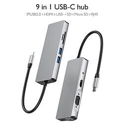 Wewoo HUB basix TW9R 9 en 1 USB-C / Type-C à 2 USB 3.0 + USB-C / Type-C + HDMI + VGA + RJ45 Adaptateur HUB avec fentes pour carte Micro SD / SD Gris