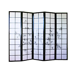 Pegane Paravent japonais en bois noir dessin bambou de 5 pans