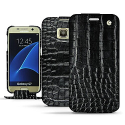 Housse cuir Samsung Galaxy S7 - Rabat vertical - Crocodile nero ( Noir / Black) - NOREVE