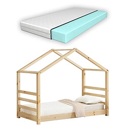 Lit Cabane Vardø avec Grille et Matelas Orthopédique 80 X 160 cm Naturel [en.casa]