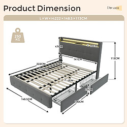 ComfortXL Lit 140x200 cm avec tête de lit USB, LED, 2 tiroirs et lit d'appoint. Cadre robuste en bois, gris.