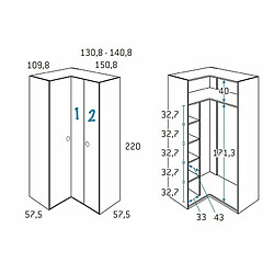 Inside 75 Armoire d'angle équerre porte droite pliante 150,8 x 220 cm finition chêne blanchis