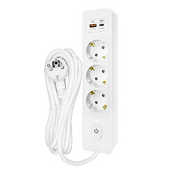 Null Multiprise SELDUR G3TH12B, 3 prises type F + interrupteur, USB A+C charge rapide 20W, Blanc, câble 1.5m