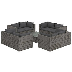 vidaXL Salon de jardin 9 pcs avec coussins Résine tressée Gris