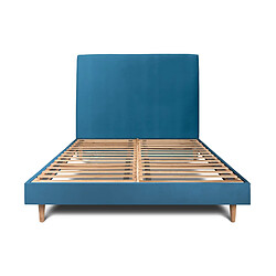 Sommeil de plomb Lit 140x200cm avec tête de lit tapissier velours et sommier kit Bleu - Hauteur totale : 29cm