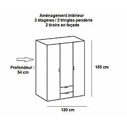 Inside 75 Armoire penderie 3 portes 2 tiroirs MALTA laquée blanc cassé L : 120 cm