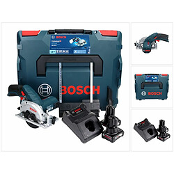 Bosch GKS 12V-26 Professional Scie circulaire sans fil 85mm avec boîtier L-Boxx + 2x Batteries GBA 6,0 Ah + Chargeur rapide GAL 1230 CV