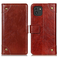 Etui en PU texture nappa, avec bouton en laiton marron pour votre Samsung Galaxy A03 (EU Version) (166.5x75.98x9.14mm)