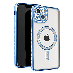 Avizar Coque Diamant pour iPhone 13 Protection MagSafe Contour Strass Bleu Clair