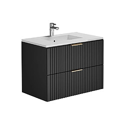 Avis Vente-Unique Meuble de salle de bain suspendu strié avec vasque à encastrer et colonne - Noir - 80 cm - ZEVARA