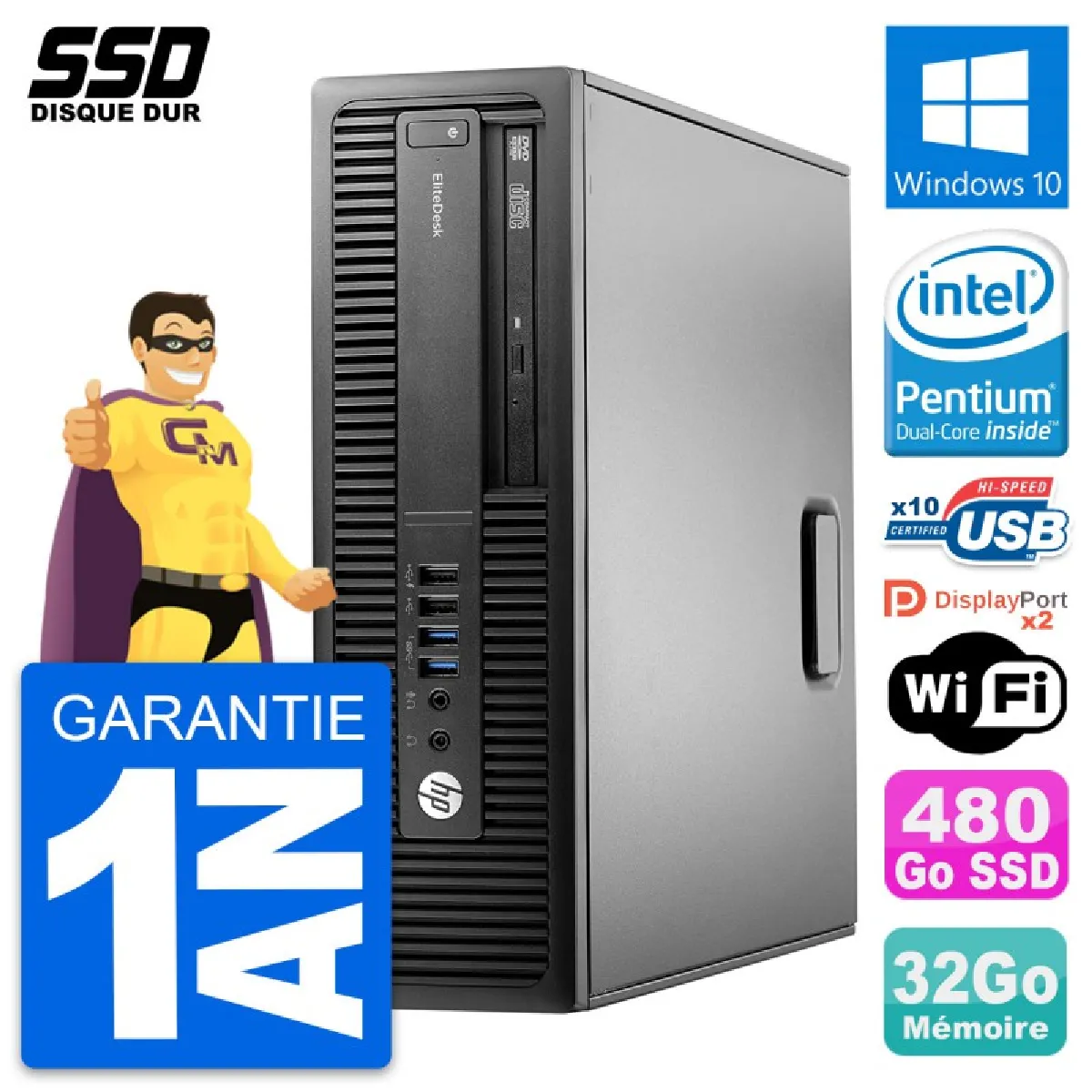 PC HP EliteDesk 800 G2 SFF Intel G4400 RAM 32Go SSD 480Go Windows 10 Wifi - Occasion