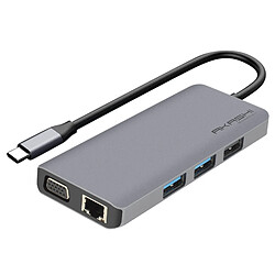 Hub USB-C 3x USB 1x HDMI 1x VGA 1x Ethernet 1x USB-C 1x microSD / SD Akashi Gris