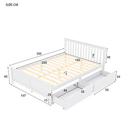 KOMHTOM Lit Simple En Bois 140 X 200 cm Pour Jeune Et Adulte - Avec Tiroirs - Structure En Pin - Blanc pas cher