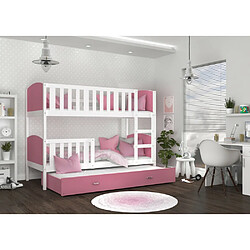 Kids Literie Lit Superposé 3 Places Tomy 90x190 Blanc - rose Livré avec sommiers, tiroir et matelas en mousse de 7cm pas cher